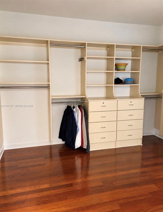 Custom walk-in closet featuring extensive built-in shelving, hanging rods, multi-drawer storage, and wood-finish flooring