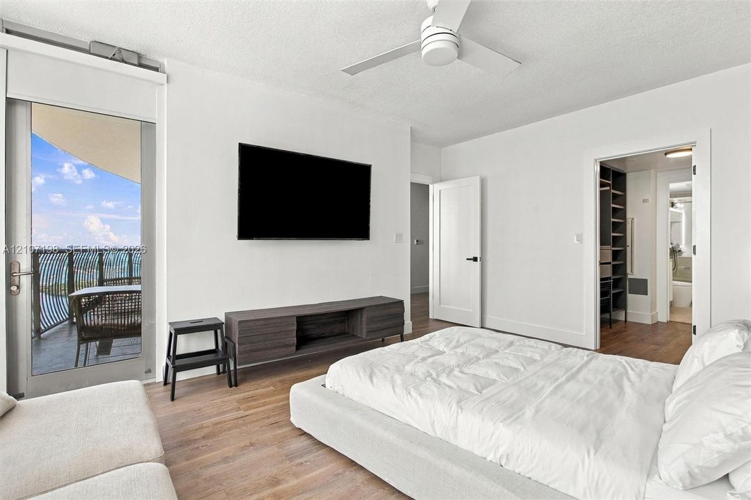 Wood-finish flooring, white ceiling fan, glass-panel balcony door, and built-in walk-in closet shelving