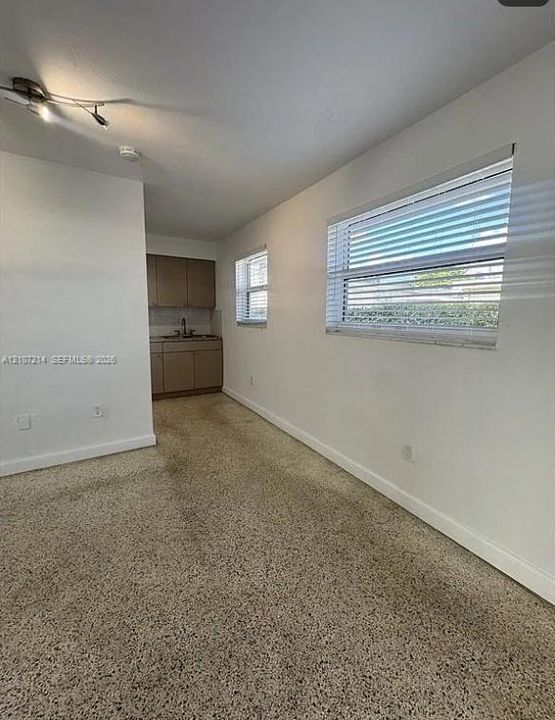 Room featuring multi-panel windows with adjustable horizontal blinds, cabinetry with built-in countertop and sink, and track lighting