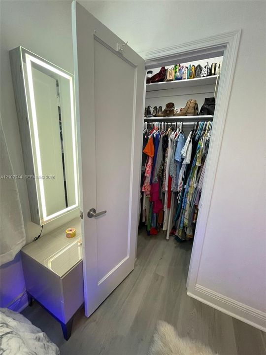 Wall-mounted mirror cabinet featuring integrated LED lighting, neutral wood-finish flooring, and a walk-in closet with built-in shelving and hanging rod