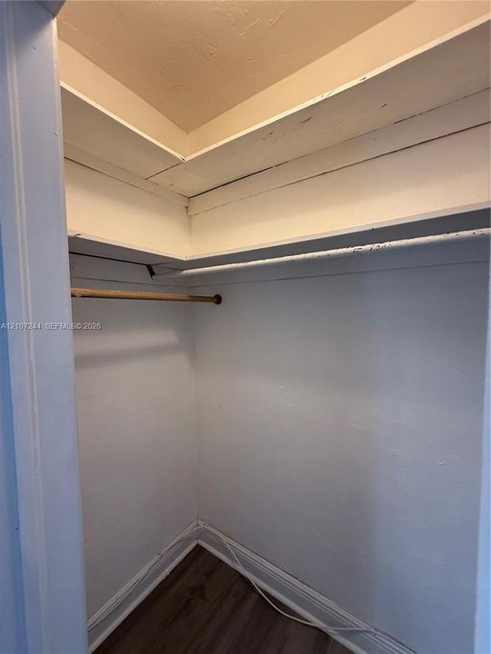 Storage closet featuring wood-finish flooring, white painted walls, wrap-around shelving, and a mounted hanging rod