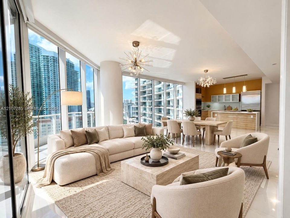 Floor-to-ceiling glass windows, open-concept layout, modern sputnik-style chandeliers, kitchen island with built-in cabinetry, and polished neutral flooring ( AI used for interiors )