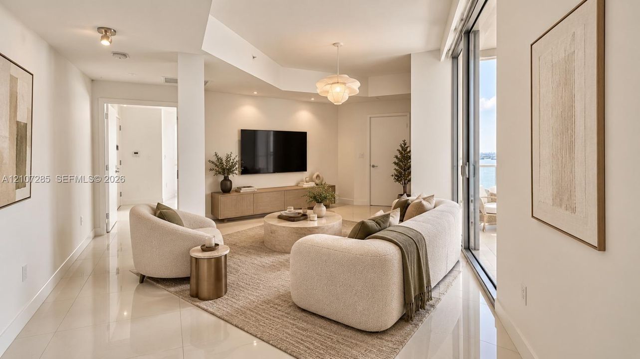 Living area featuring polished tile flooring, recessed ceiling lighting, a decorative pendant fixture, and expansive sliding glass doors ( AI used for interiors )