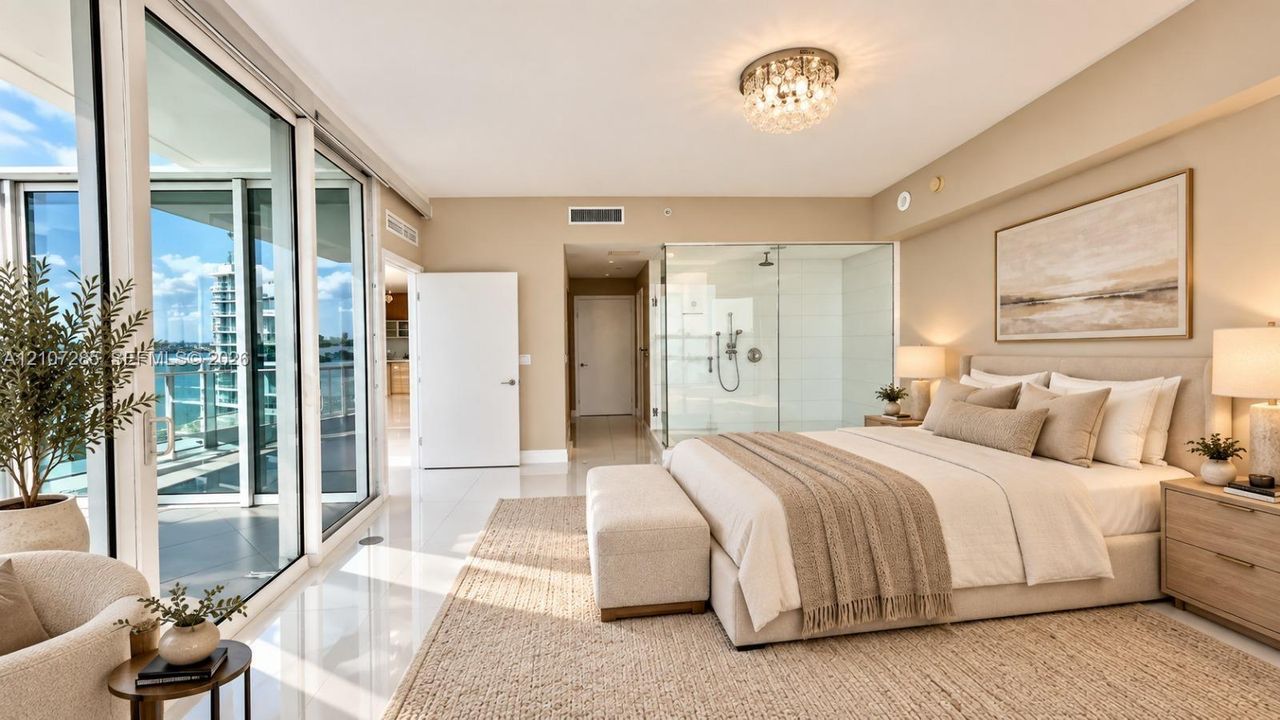 Floor-to-ceiling glass sliding doors, polished tile flooring, glass-enclosed shower, flush-mount crystal light fixture, and recessed lighting ( AI used for interiors )
