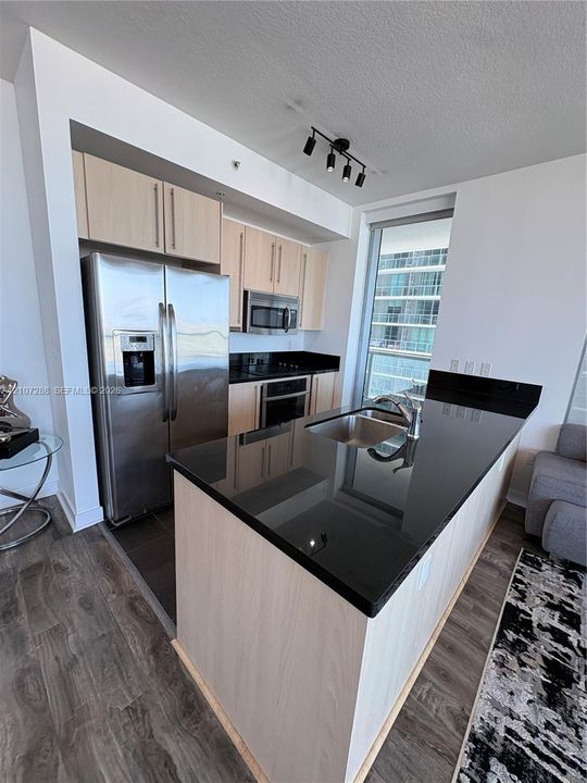 Kitchen featuring light wood-finish cabinetry, black stone countertops, stainless steel appliances, a center island with an undermount sink, and track lighting