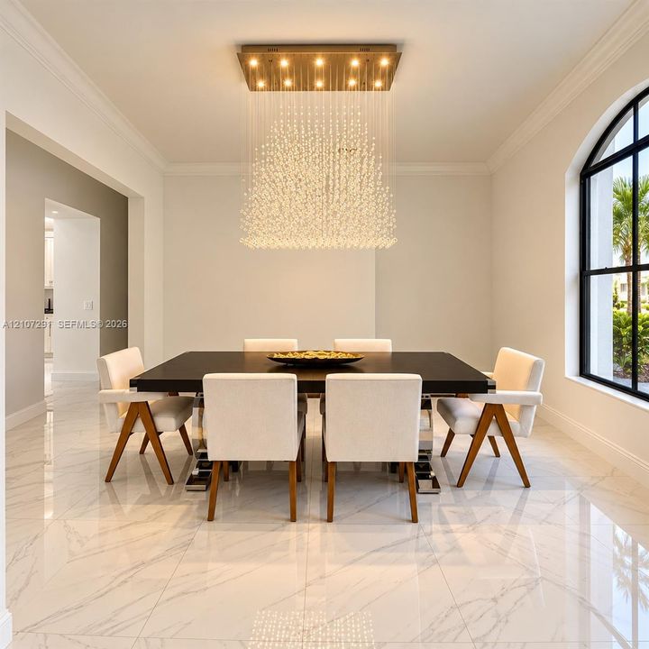 Polished stone-finish tile flooring, arched window with black mullions, crown molding, and a multi-light crystal waterfall chandelier