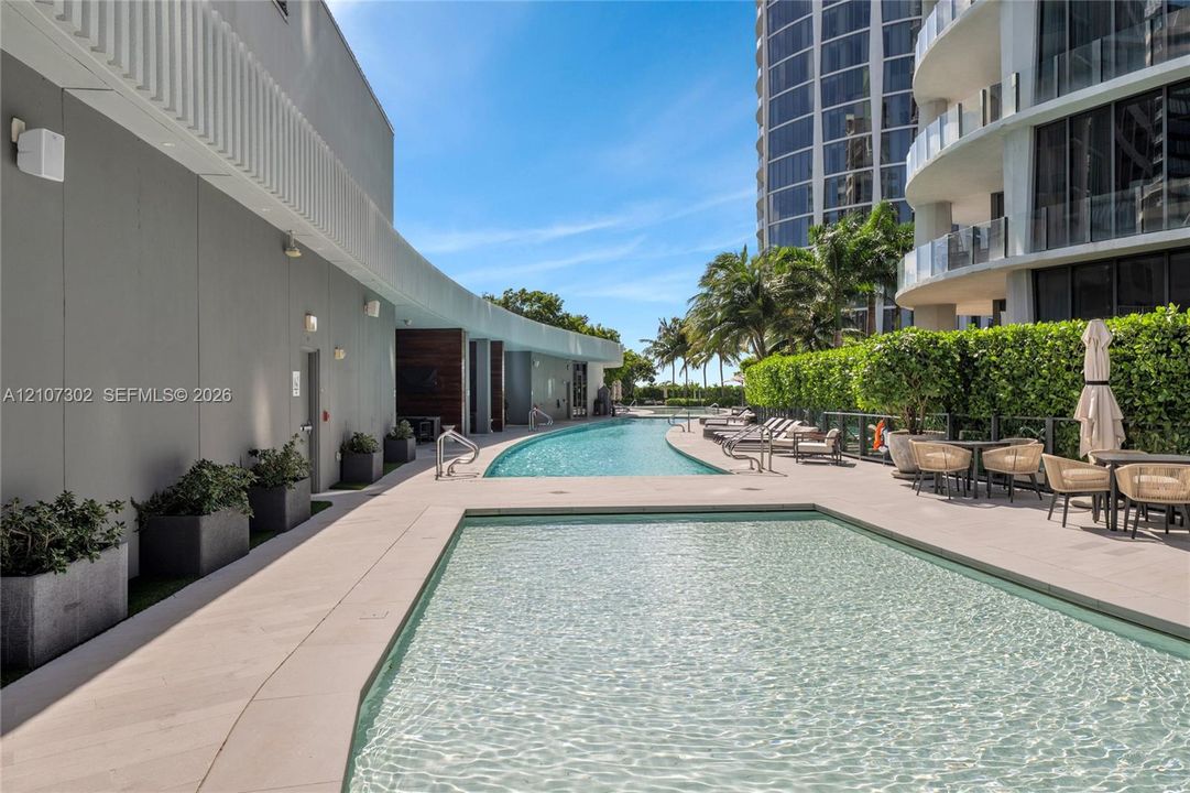Outdoor swimming pool featuring a concrete deck, integrated metal handrails, and surrounding privacy hedging