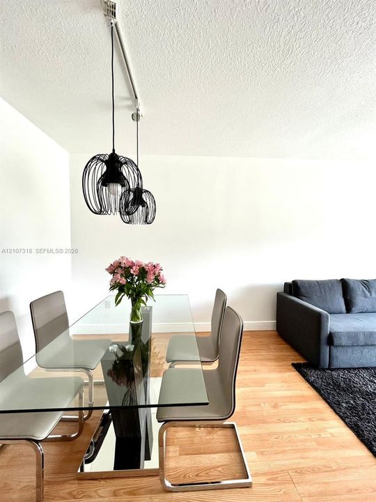 Wood-finish flooring and dual black wire-frame pendant lighting suspended from a ceiling-mounted track