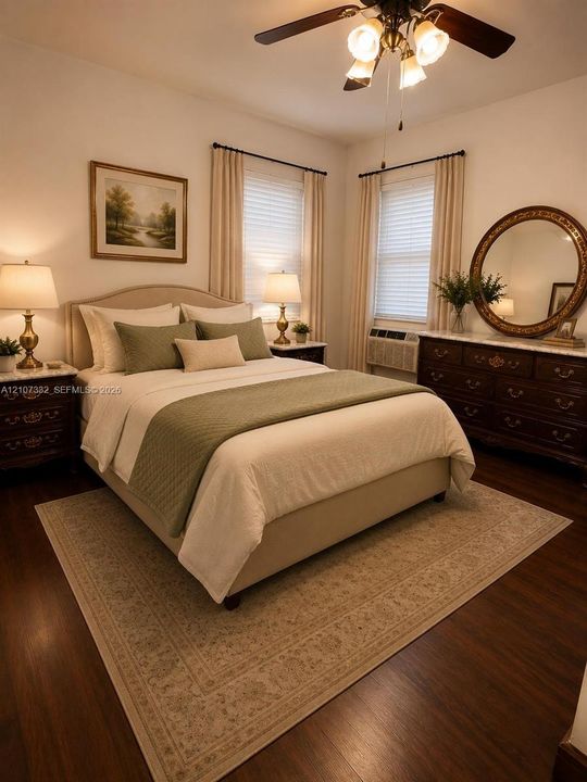Wood-finish flooring, ceiling fan with integrated lighting, and dual windows