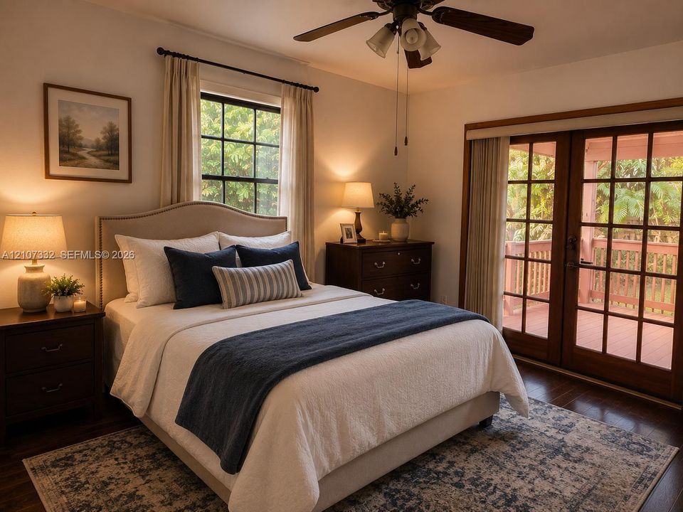 Bedroom featuring wood-finish flooring, a ceiling fan with integrated lighting, multi-pane windows, and wooden French doors opening to an exterior deck