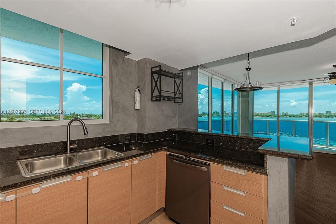 Kitchen featuring natural wood-finish cabinetry, dark stone countertops, stainless steel dual-basin sink, and built-in dishwasher, punctuated by expansive floor-to-ceiling windows