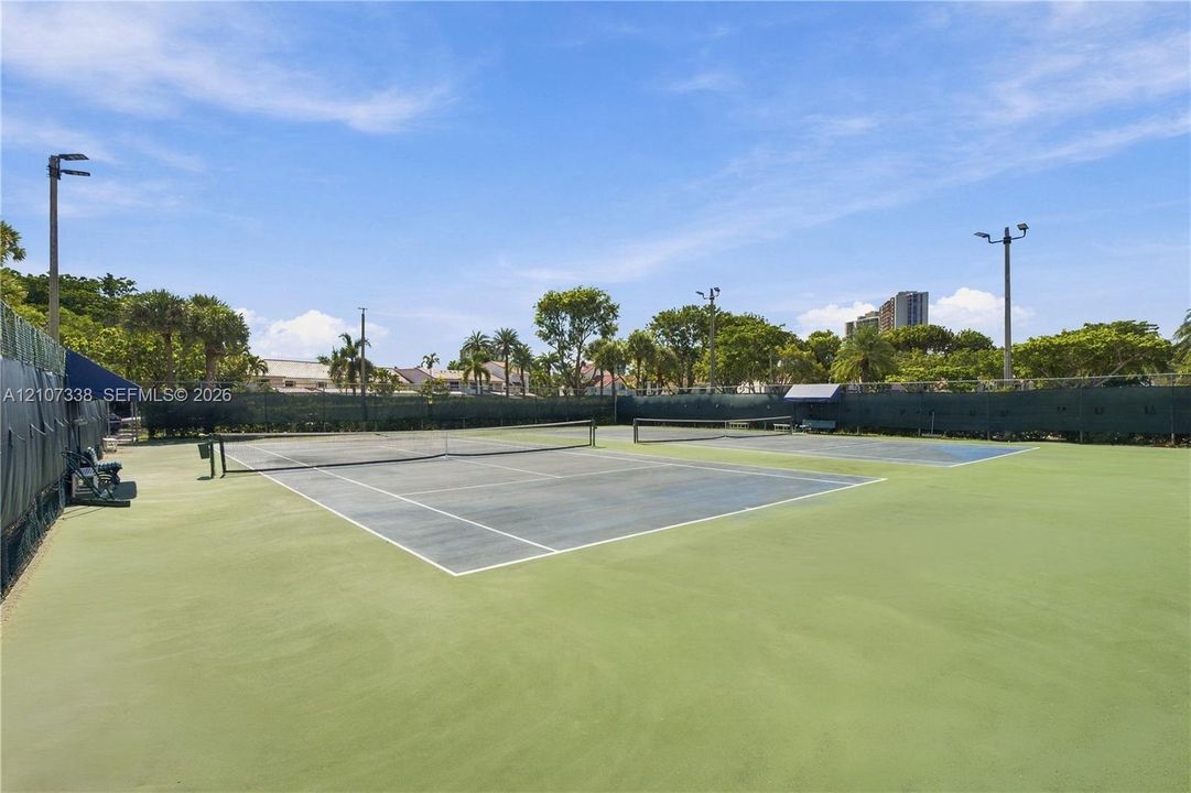 Dual hard-surface tennis courts featuring perimeter fencing, integrated court lighting, and netted boundaries