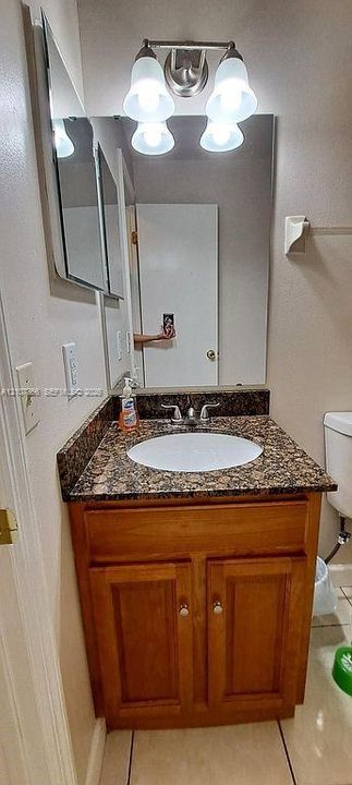 Master Bathroom vanity featuring a natural stone countertop, undermount sink, dual-handle faucet, wood-finish cabinetry, and a wall-mounted light fixture with glass shades