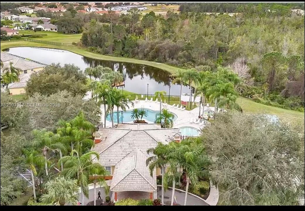Aerial perspective of the community center featuring an outdoor swimming pool, a spa, mature palm trees, and a pond