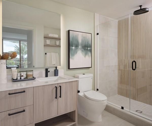 Bathroom featuring a wood-finish vanity with a quartz countertop, frameless glass shower enclosure with integrated rainfall showerhead, and matte black hardware