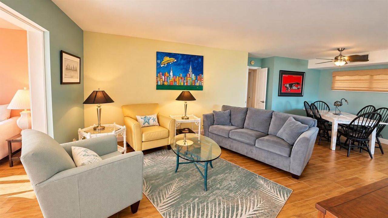 Sunlit living room with warm lamps