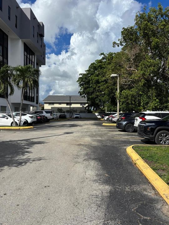 Dedicated off-street parking area featuring asphalt pavement, painted stall markings, exterior pole lighting, and perimeter landscaping