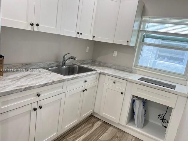 White Shaker-style cabinetry, patterned laminate countertops, stainless steel undermount sink with a gooseneck faucet, and wood-finish flooring