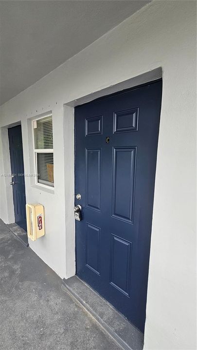 Exterior entrance featuring a navy blue six-panel door, a single-hung window with horizontal blinds, and a mounted fire extinguisher cabinet