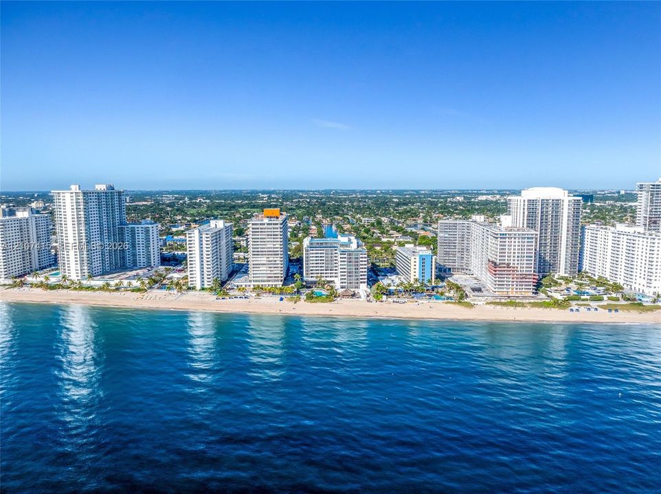 Coastal cityscape featuring high-rise architecture, direct shoreline access, and expansive ocean frontage
