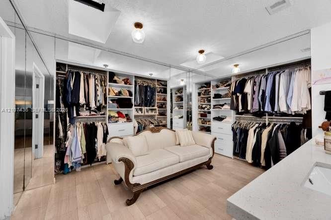 Customized storage featuring floor-to-ceiling built-in cabinetry, expansive mirrored wall panels, wood-finish flooring, quartz-surfaced vanity, and recessed globe-style lighting