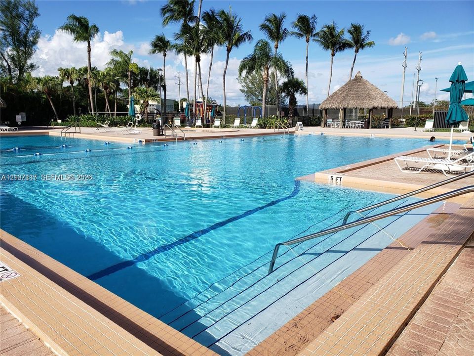 Large swimming pool featuring tiled stairs, metal handrails, and a thatched-roof pavilion surrounded by palm trees