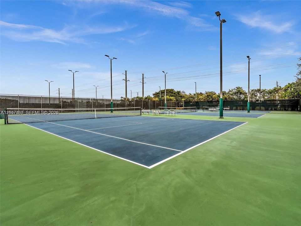 Dual hard-surface tennis courts featuring perimeter fencing, integrated lighting poles, and anchored nets