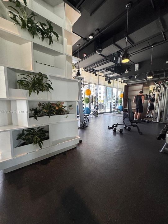 Floor-to-ceiling windows, built-in white shelving unit with integrated plant displays, exposed industrial ceiling, and resilient flooring