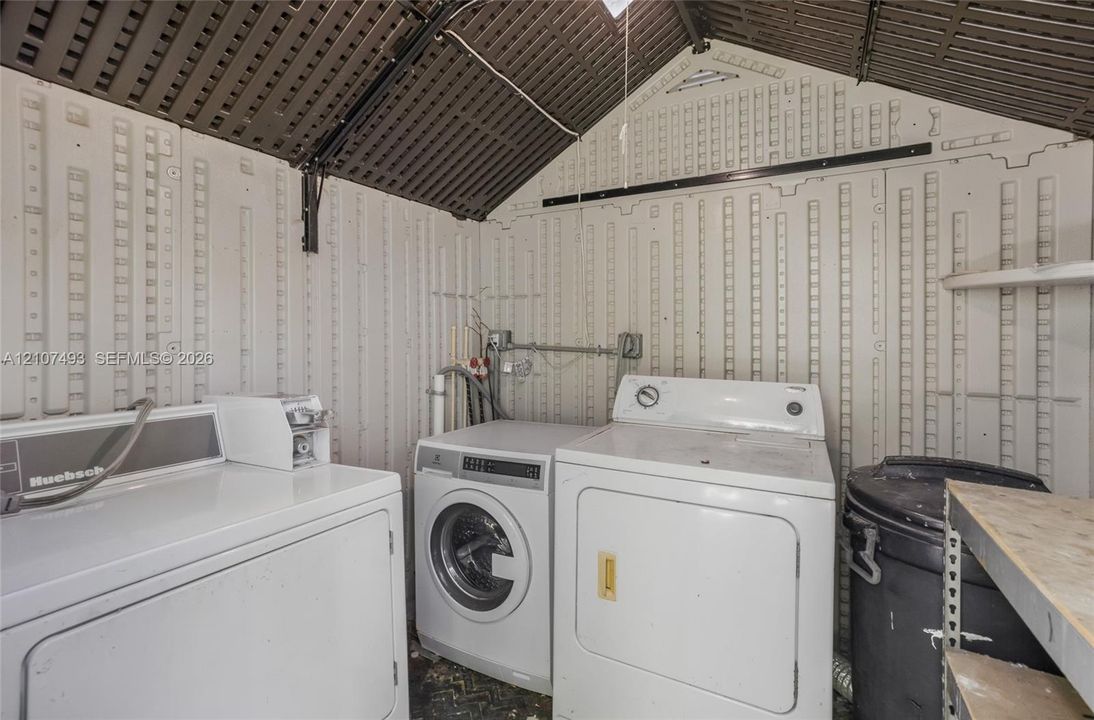 Property Laundry shed, Utility structure featuring high-vaulted corrugated paneling, integrated wall-mounted shelving, and exposed electrical conduits