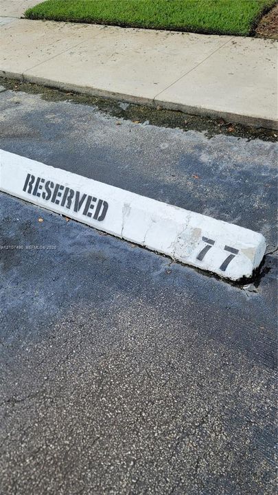 Designated parking space 77 featuring asphalt paving and concrete curbing