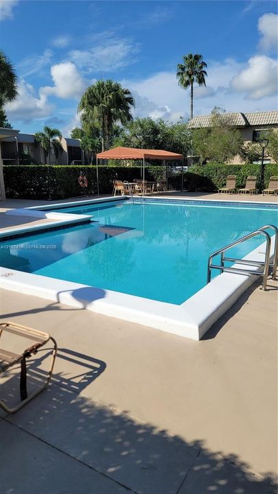 Swimming pool with a concrete deck, built-in metal handrails, and a covered patio area