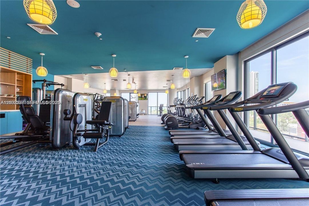 Fitness center featuring expansive floor-to-ceiling windows, patterned wall-to-wall carpeting, built-in cabinetry, and pendant lighting