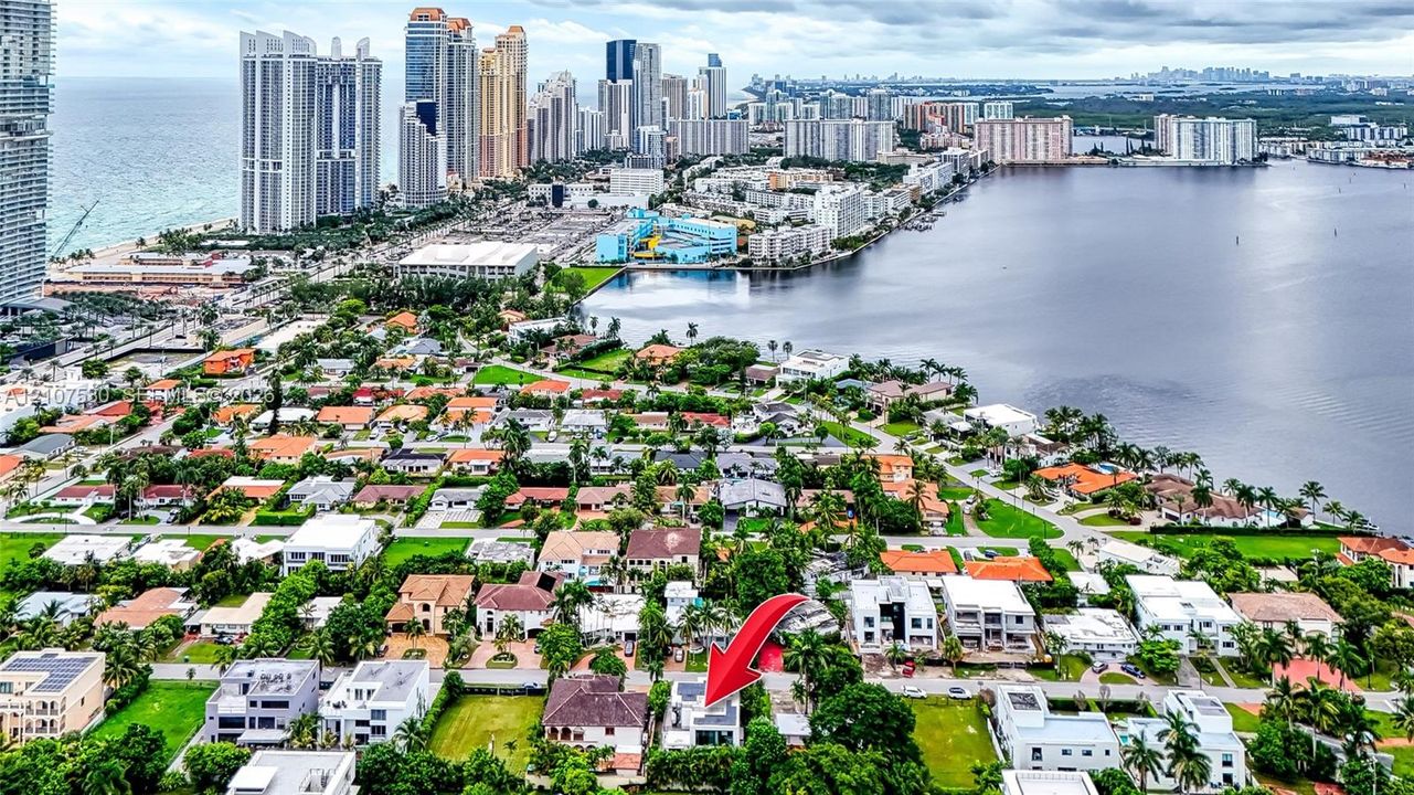 Aerial perspective of residential property featuring mature landscaping and a tiled roof, positioned within an urban coastal environment