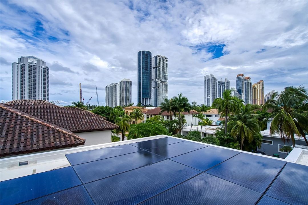 Rooftop solar panel array featuring a clay tile roof section, mature palm trees, and an urban skyline backdrop
