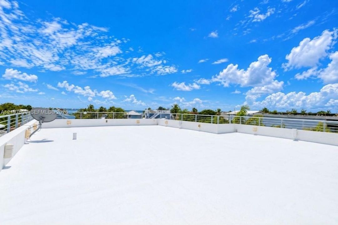 Rooftop terrace featuring a smooth surface, white perimeter walls, and horizontal metal railing