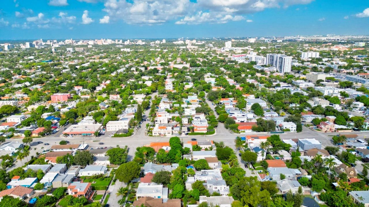 Aerial perspective of a dense urban neighborhood featuring established tree canopy, grid-patterned streets, and proximity to a central metropolitan skyline