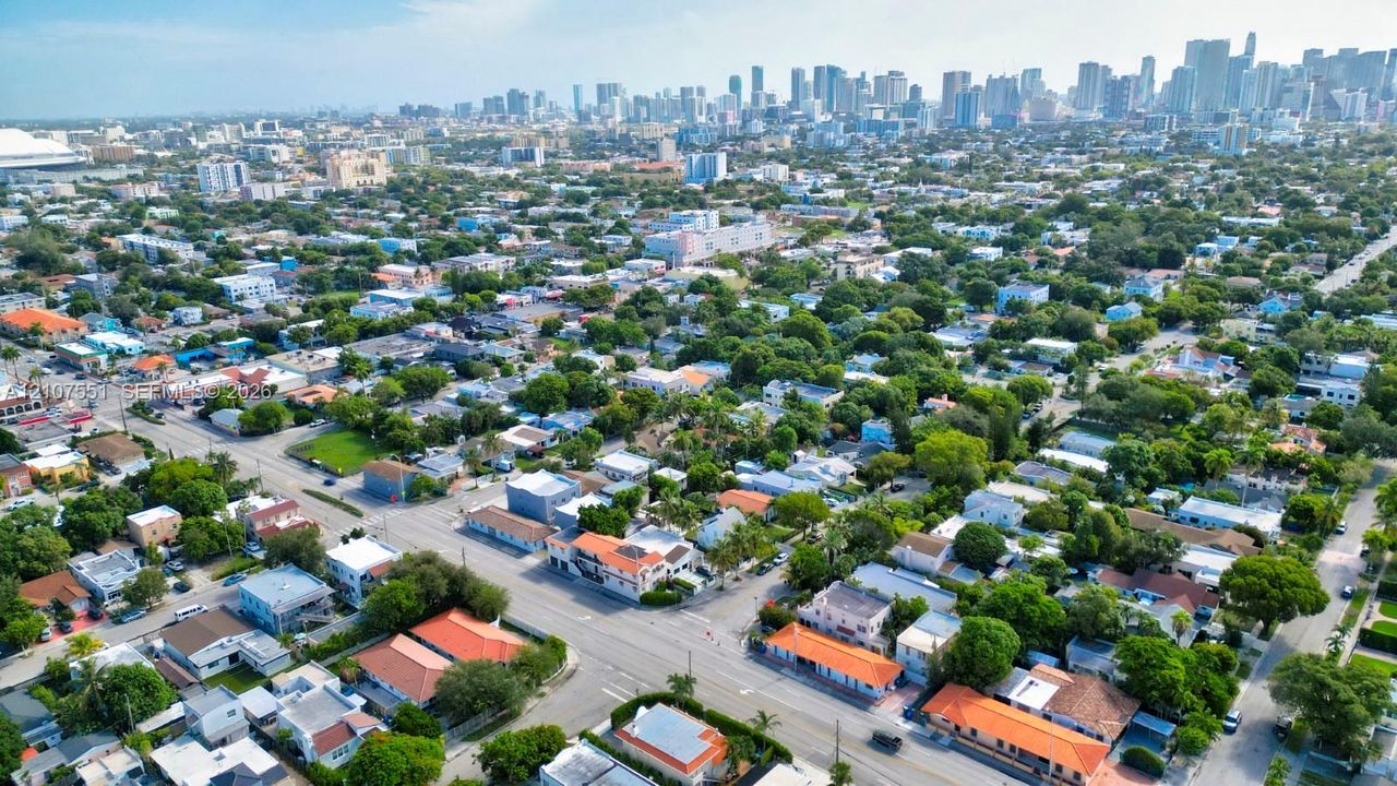 Aerial perspective featuring an established neighborhood with mature canopy trees and a backdrop of the urban skyline