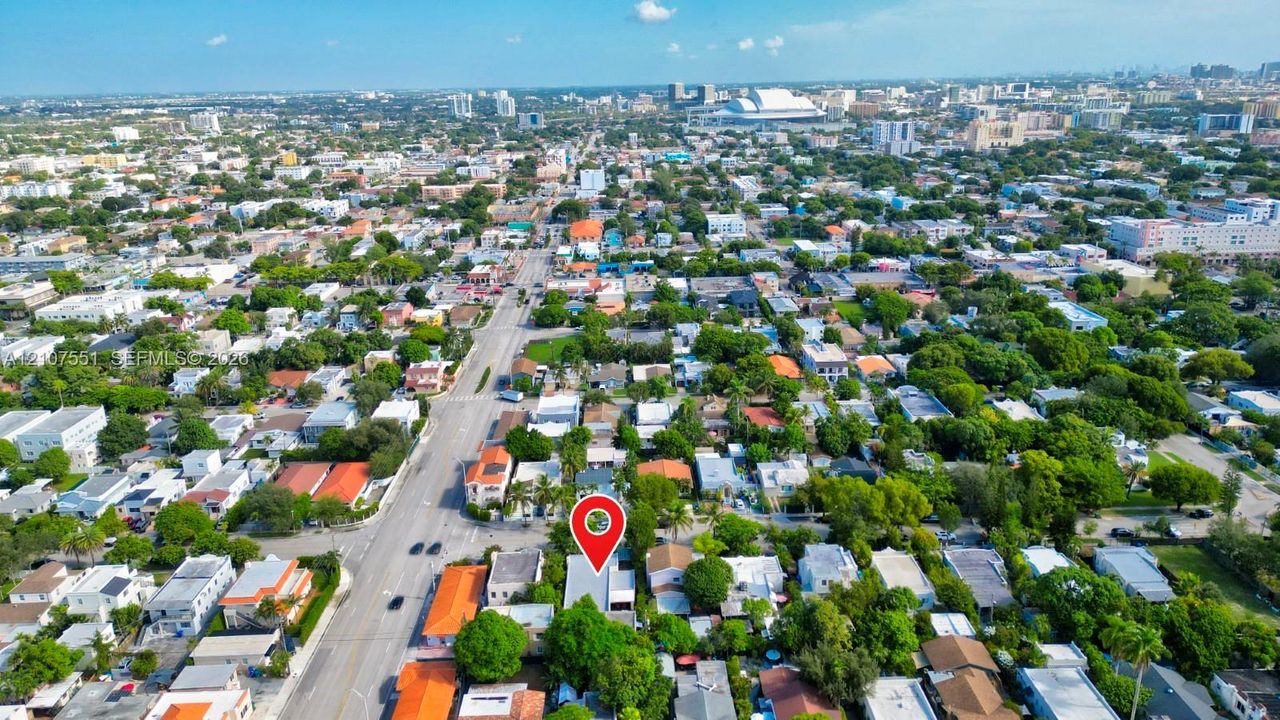 Aerial perspective of urban setting featuring dense residential infrastructure, mature canopy trees, and proximity to major metropolitan development