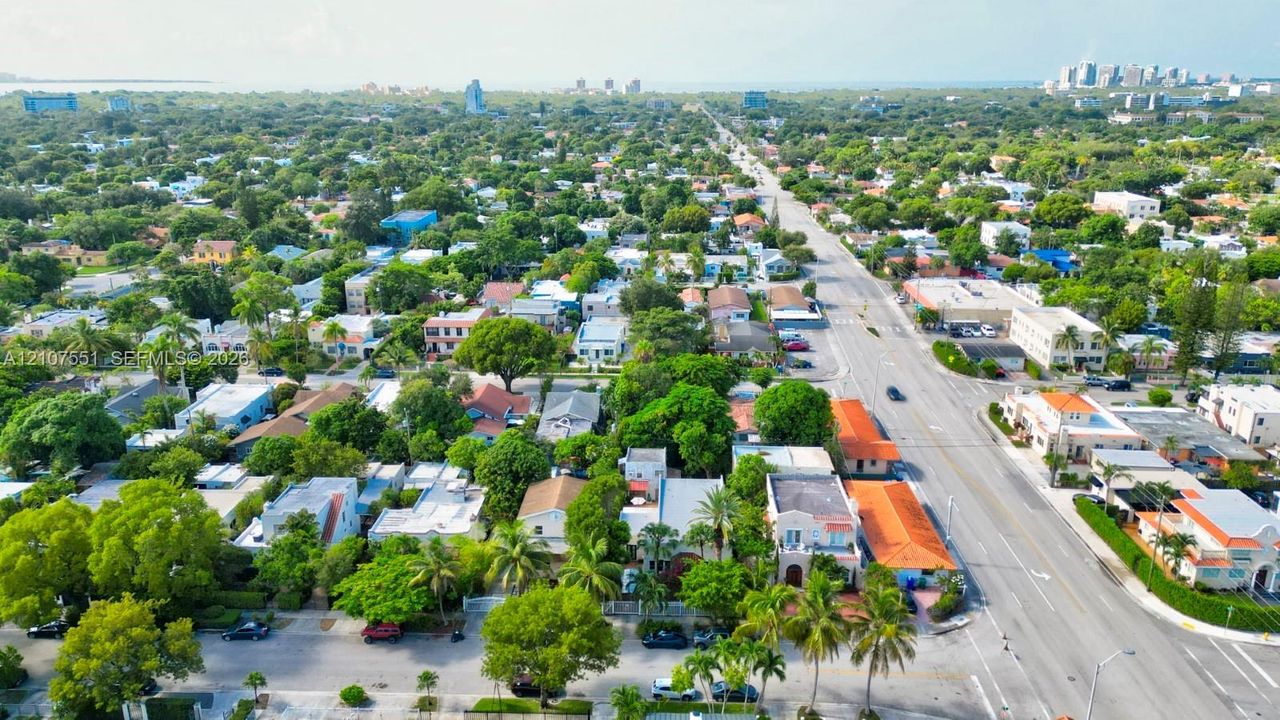 Aerial perspective of the neighborhood featuring established mature trees, diverse residential architecture, and proximity to urban infrastructure