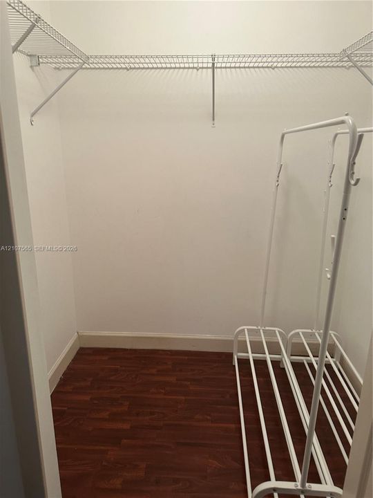 Walk-in closet featuring wood-finish flooring and integrated wire shelving