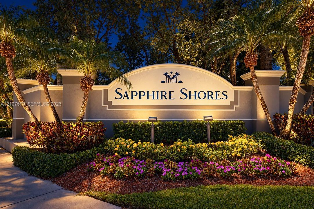 Community entryway monument featuring a stucco structure, professional landscape design, mature palm trees, and ground-level floral plantings