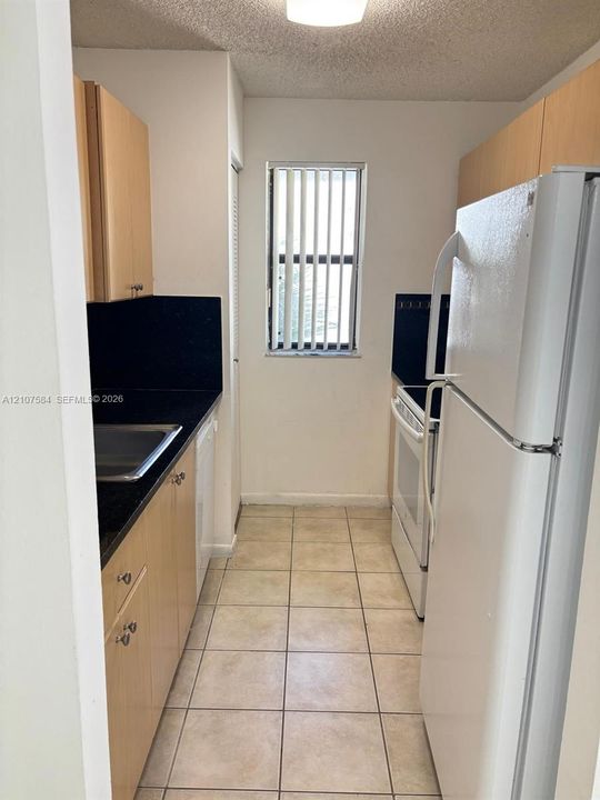 Kitchen featuring light wood-finish cabinetry, black countertops, ceramic tile flooring, and a single-basin stainless steel sink