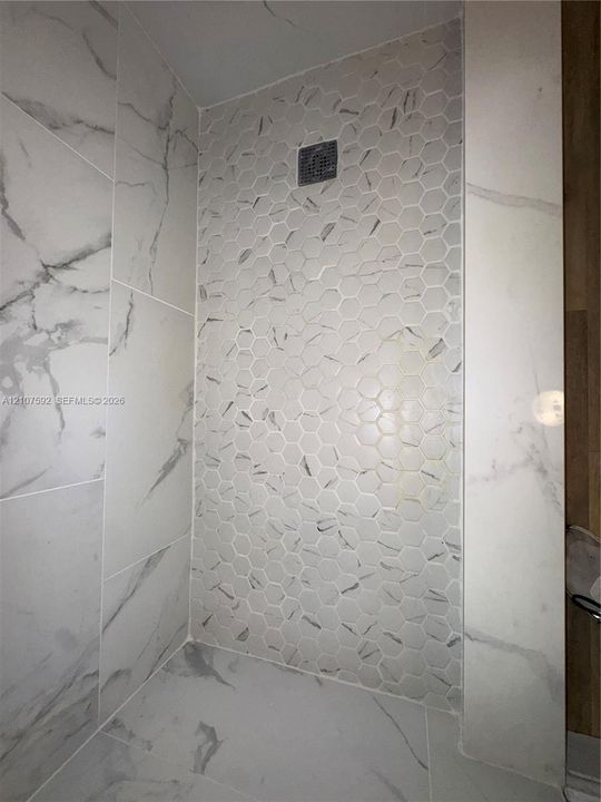 Shower enclosure featuring large-format rectified wall tile, decorative hexagon-patterned accent tile, and integrated drain