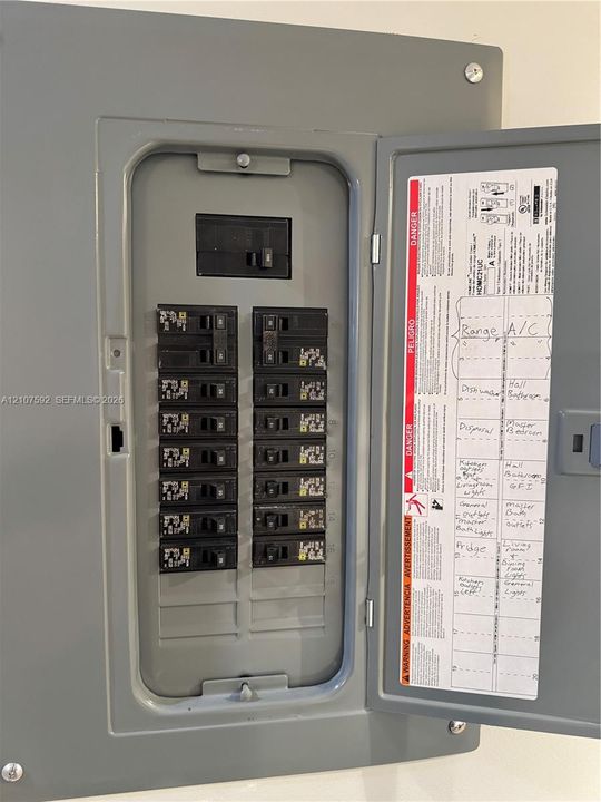 Metal circuit breaker panel featuring a main disconnect switch, multiple individual circuit breakers, and an interior index label