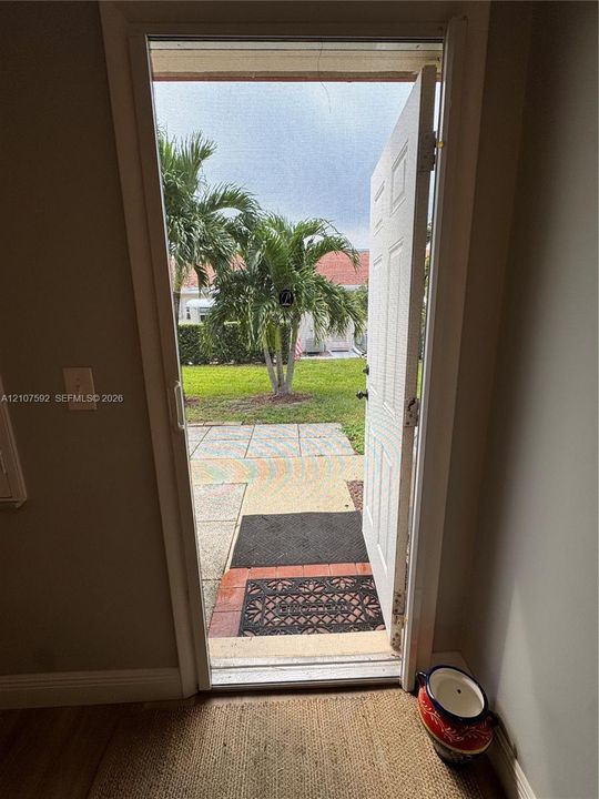 Paneled exterior door with integrated screen, concrete paver patio, and lawn area featuring mature palm trees