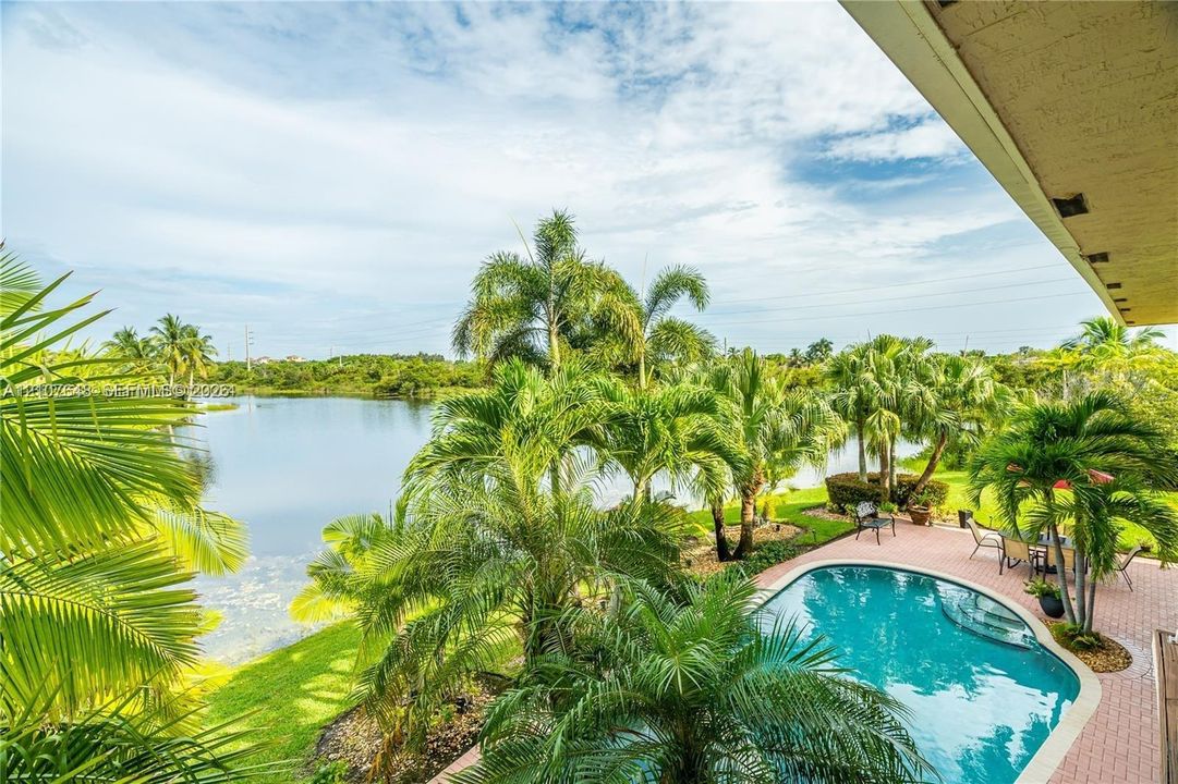 Outdoor living area featuring a paved brick patio, a curved swimming pool, mature palm trees, and waterfront grounds