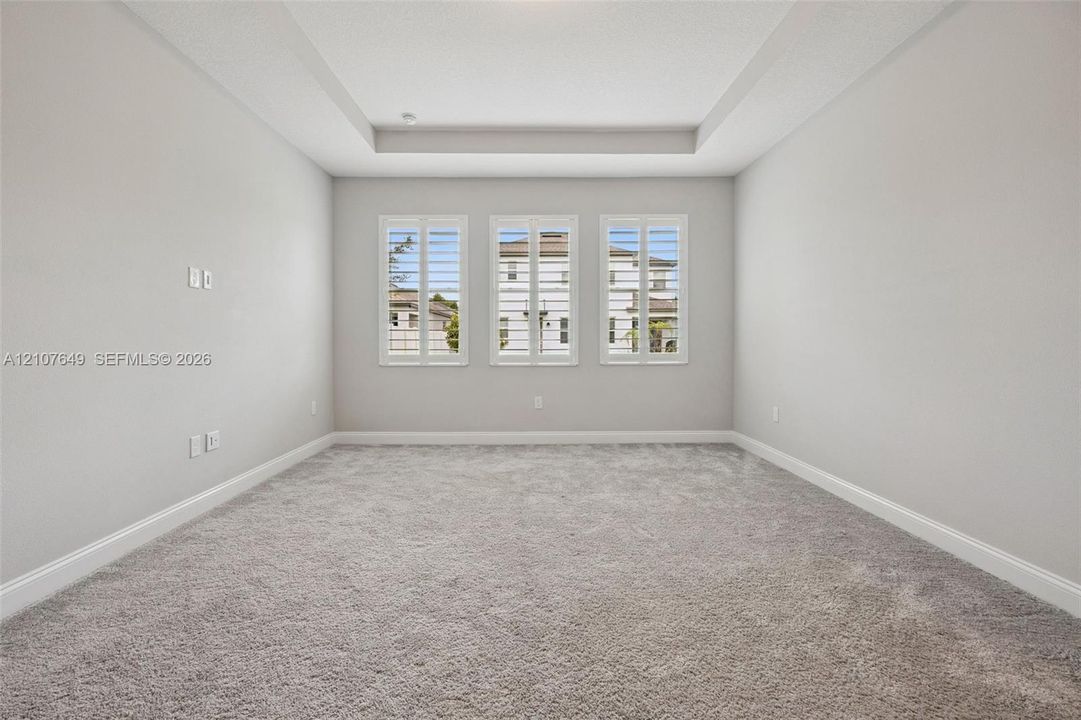 Interior room featuring a tray ceiling, wall-to-wall carpeting, and three windows fitted with interior plantation shutters
