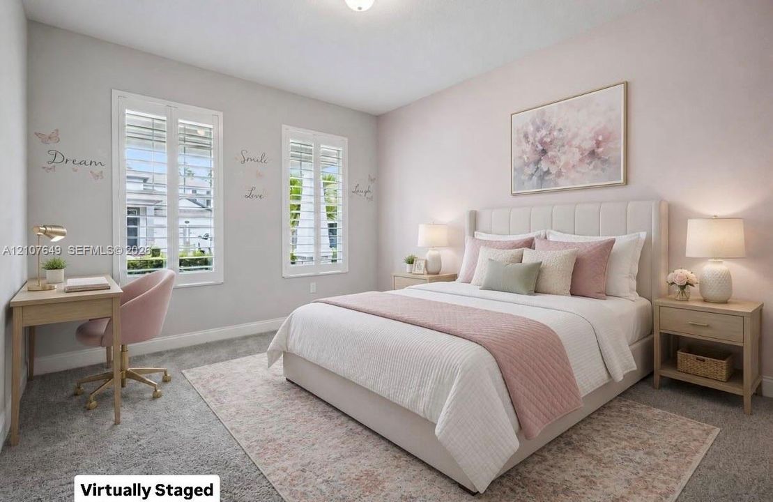 Bedroom featuring neutral wall paint, plush carpeting, and two windows outfitted with white plantation shutters
