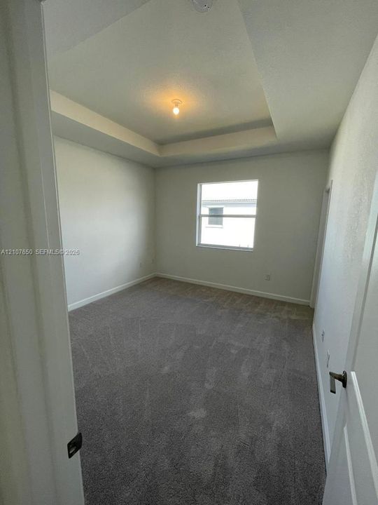 Tray ceiling, neutral wall tones, plush wall-to-wall carpeting, single-pane window, and central overhead lighting