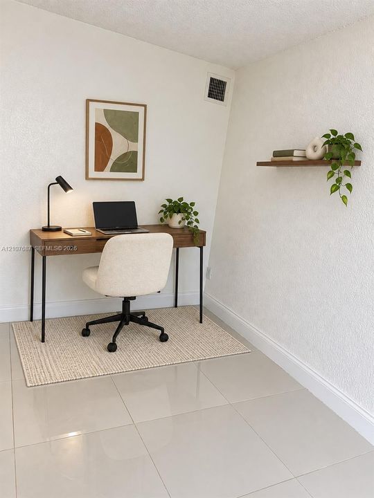 Neutral tile flooring and wall-mounted wooden shelving